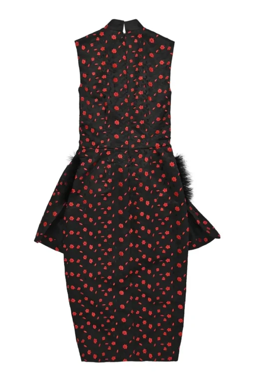 Black and red polyester floral jacquard high-collar peplum dress with marabou feather appliqué