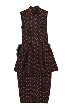 Black and red polyester floral jacquard high-collar peplum dress with marabou feather appliqué