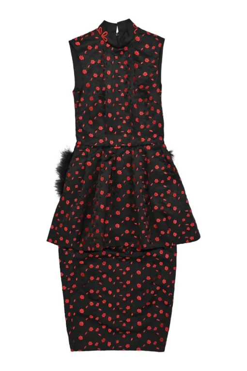 Black and red polyester floral jacquard high-collar peplum dress with marabou feather appliqué