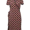 Black and red silk abstract graphic print stand collar keyhole-front qipao-style wrap dress