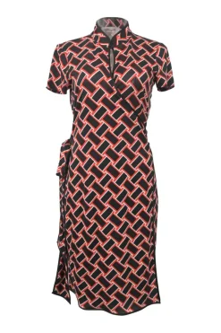 Black and red silk abstract graphic print stand collar keyhole-front qipao-style wrap dress