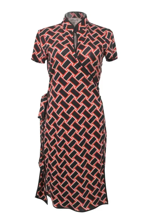 Black and red silk abstract graphic print stand collar keyhole-front qipao-style wrap dress