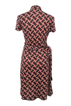 Black and red silk abstract graphic print stand collar keyhole-front qipao-style wrap dress