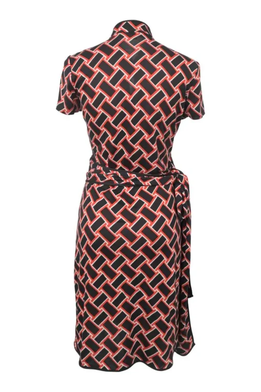 Black and red silk abstract graphic print stand collar keyhole-front qipao-style wrap dress