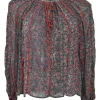 Black and red silk floral print lace-up swing-style tunic top with blouson sleeves