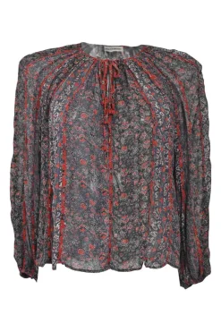 Black and red silk floral print lace-up swing-style tunic top with blouson sleeves