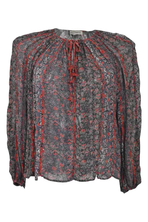 Black and red silk floral print lace-up swing-style tunic top with blouson sleeves