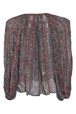Black and red silk floral print lace-up swing-style tunic top with blouson sleeves