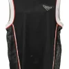 Black and red sleeveless mesh panel jersey top with logo chest plaque appliqué.