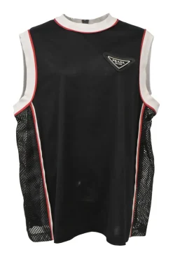 Black and red sleeveless mesh panel jersey top with logo chest plaque appliqué.