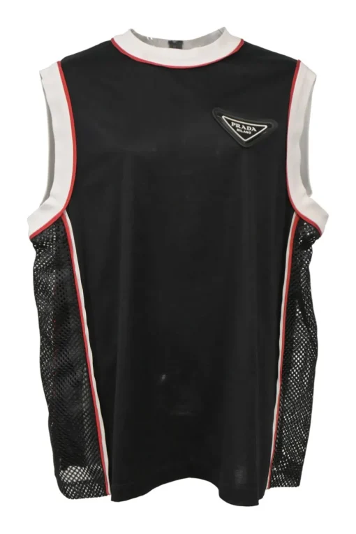 Black and red sleeveless mesh panel jersey top with logo chest plaque appliqué.