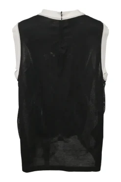 Black and red sleeveless mesh panel jersey top with logo chest plaque appliqué.