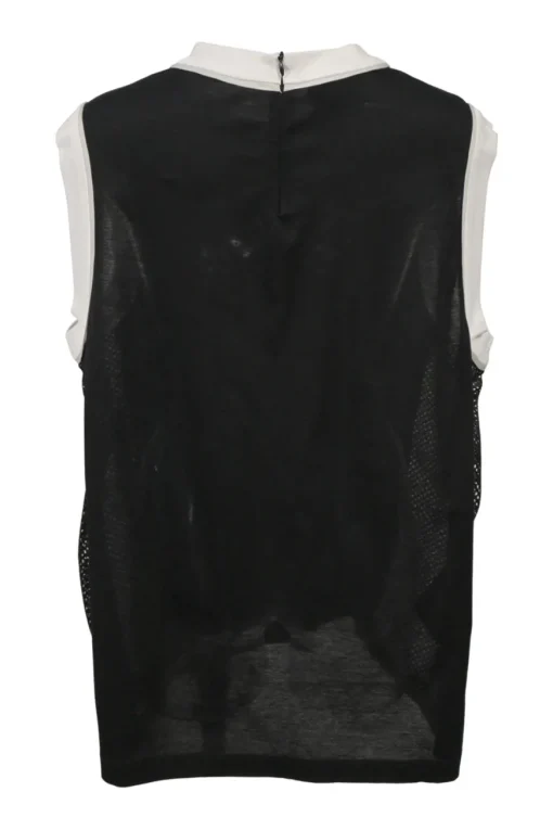 Black and red sleeveless mesh panel jersey top with logo chest plaque appliqué.