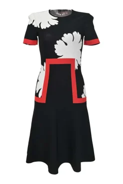 Black and red viscose-blend graphic floral jacquard knit short sleeve A-line drop-waist midi dress with flounce hem
