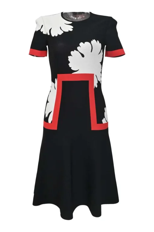 Black and red viscose-blend graphic floral jacquard knit short sleeve A-line drop-waist midi dress with flounce hem