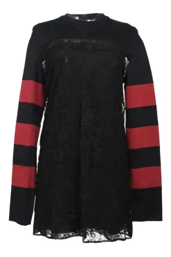 Black and red viscose-blend mixed-media long sleeve peek-a-boo shift dress