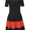 Black and red viscose-blend 3d jacquard knit mock neck A-line short sleeve dress