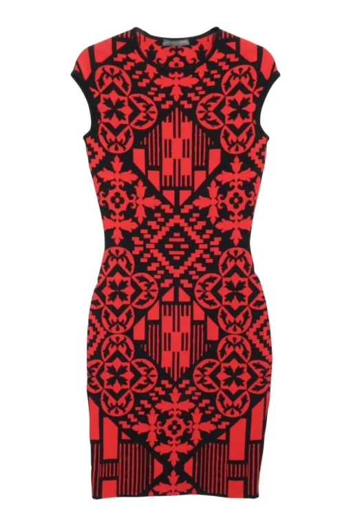 Black and red viscose-blend fully-fashioned interlock knit sheath dress featuring graphic motif
