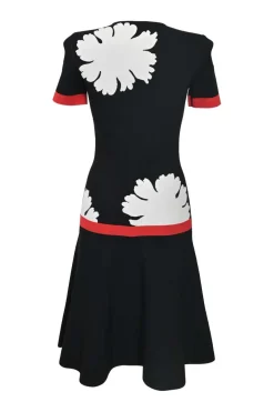 Black and red viscose-blend graphic floral jacquard knit short sleeve A-line drop-waist midi dress with flounce hem