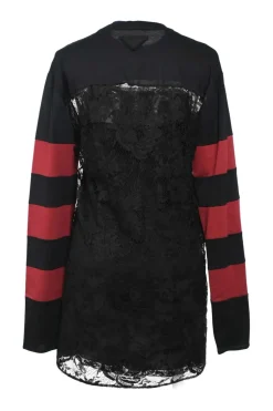 Black and red viscose-blend mixed-media long sleeve peek-a-boo shift dress