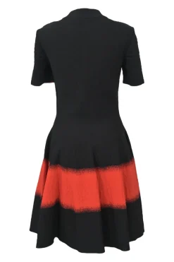 Black and red viscose-blend 3d jacquard knit mock neck A-line short sleeve dress