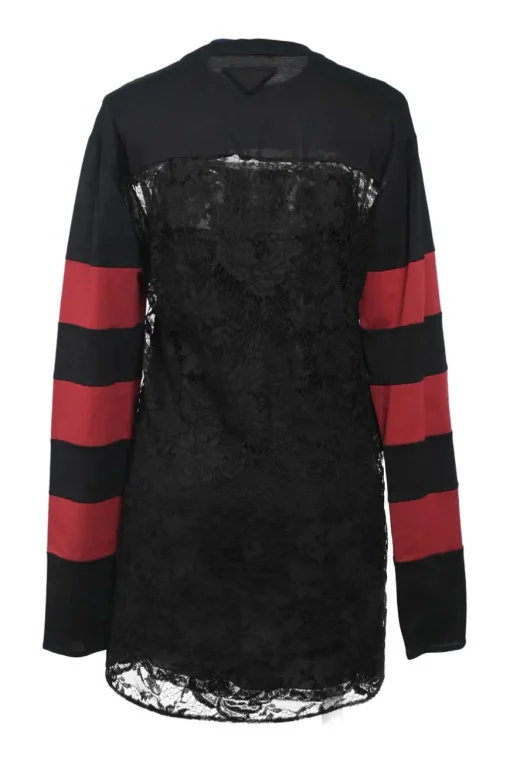 Black and red viscose-blend mixed-media long sleeve peek-a-boo shift dress
