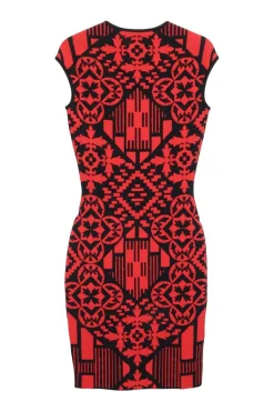 Black and red viscose-blend fully-fashioned interlock knit sheath dress featuring graphic motif