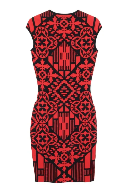 Black and red viscose-blend fully-fashioned interlock knit sheath dress featuring graphic motif