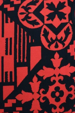 Black and red viscose-blend fully-fashioned interlock knit sheath dress featuring graphic motif