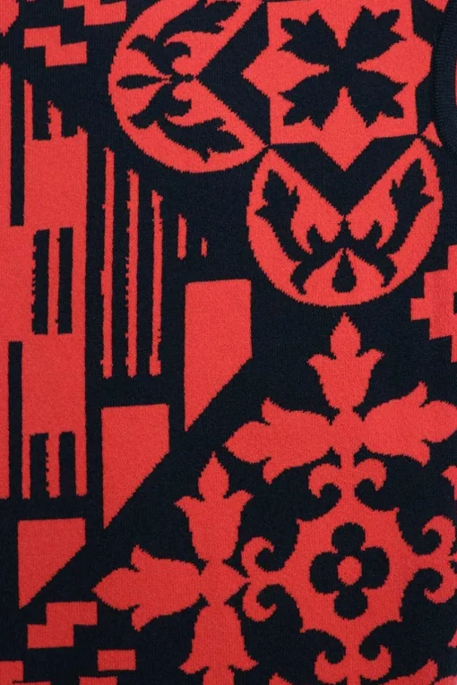 Black and red viscose-blend fully-fashioned interlock knit sheath dress featuring graphic motif