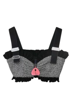 Black and silver frill-trimmed viscose-blend metallic bouclé tweed zip-front bralette top