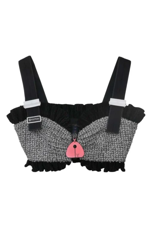 Black and silver frill-trimmed viscose-blend metallic bouclé tweed zip-front bralette top
