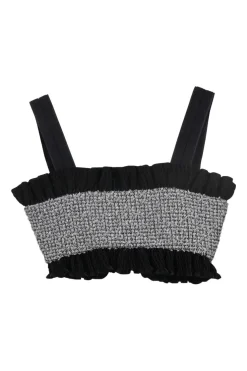 Black and silver frill-trimmed viscose-blend metallic bouclé tweed zip-front bralette top
