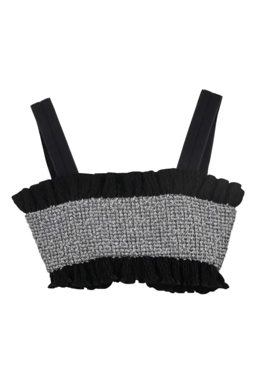 Black and silver frill-trimmed viscose-blend metallic bouclé tweed zip-front bralette top