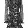 Black and silver Valarie heart glitter-foiled nylon lace high collar long sleeve ruffle mini dress