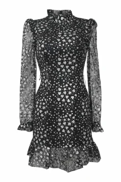 Black and silver Valarie heart glitter-foiled nylon lace high collar long sleeve ruffle mini dress
