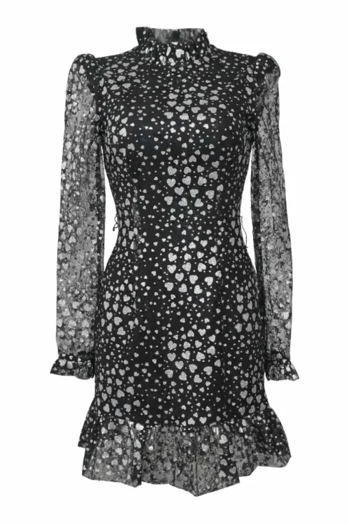 Black and silver Valarie heart glitter-foiled nylon lace high collar long sleeve ruffle mini dress
