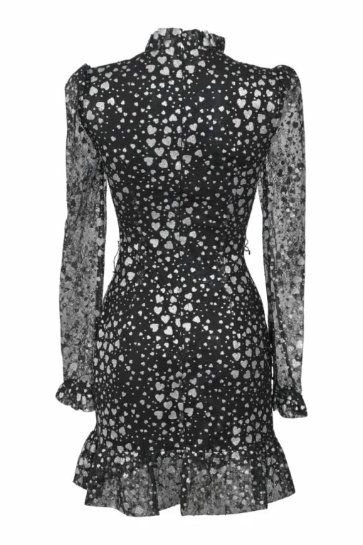 Black and silver Valarie heart glitter-foiled nylon lace high collar long sleeve ruffle mini dress