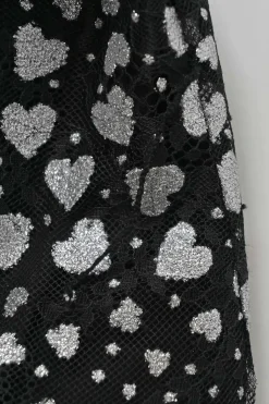 Black and silver Valarie heart glitter-foiled nylon lace high collar long sleeve ruffle mini dress