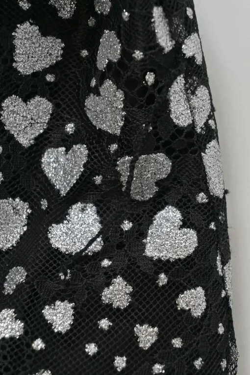 Black and silver Valarie heart glitter-foiled nylon lace high collar long sleeve ruffle mini dress