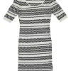 Black and white cotton-blend fully-fashioned 3D knit sheath dress with scoop neck and half sleeves