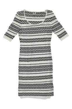 Black and white cotton-blend fully-fashioned 3D knit sheath dress with scoop neck and half sleeves