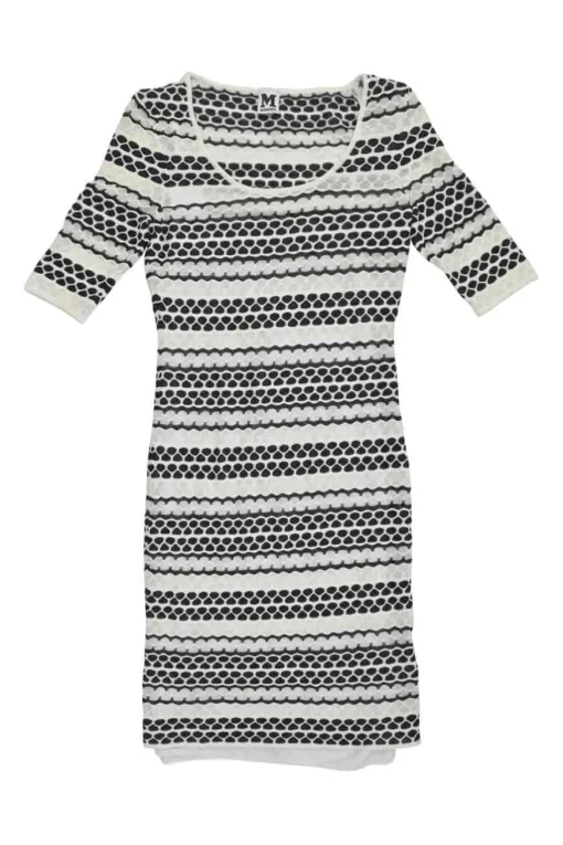 Black and white cotton-blend fully-fashioned 3D knit sheath dress with scoop neck and half sleeves