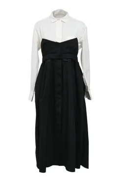 Black and white cotton-blend bustier style pinafore shirt dress with elastic waist