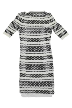 Black and white cotton-blend fully-fashioned 3D knit sheath dress with scoop neck and half sleeves
