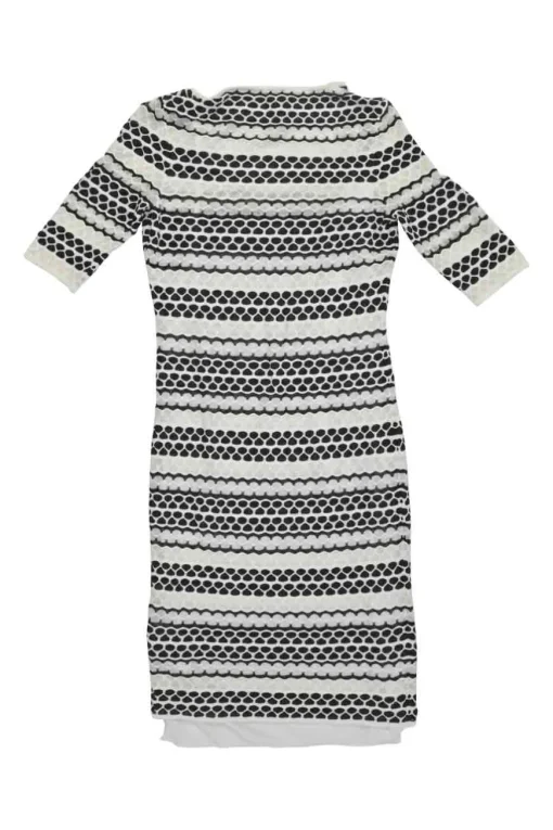 Black and white cotton-blend fully-fashioned 3D knit sheath dress with scoop neck and half sleeves