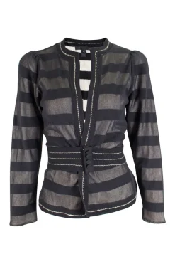 Black and white open chest cardigan with black mesh layer on top. black and silver knit trim, detachable matching belt