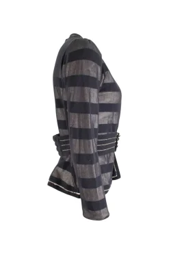 Black and white open chest cardigan with black mesh layer on top. black and silver knit trim, detachable matching belt