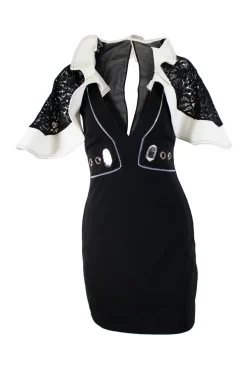 Black and white plunging neckline mini dress with ivory ruffles