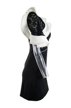 Black and white plunging neckline mini dress with ivory ruffles